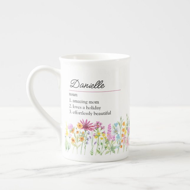 Namn-definition med känslig Wildblomma Gräns Benporslin Mugg (Vänster)