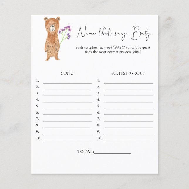Nämn den låten \ Björntema baby shower spel (Framsida)