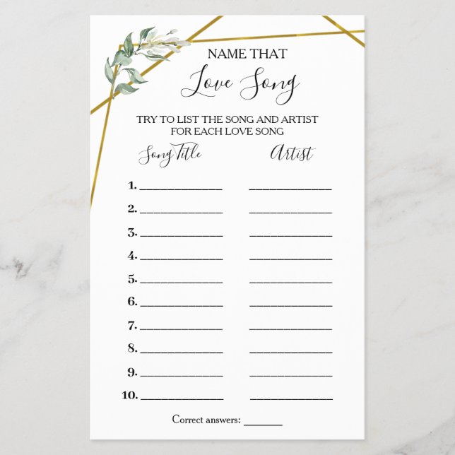 Namn det där Sång Shower Greenery Guld-spelkortet Flygblad (Framsidan)