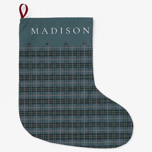 Namn Dusty Blue Tartan Plaid Stor Julstrumpa (Framsidan)