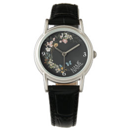 Namn, Elegant Nederländska Blommigtar Black Leathe Armbandsur