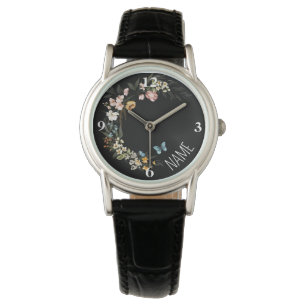 Namn, Elegant Nederländska Blommigtar Black Leathe Armbandsur