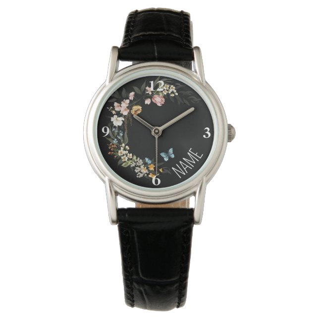 Namn, Elegant Nederländska Blommigtar Black Leathe Armbandsur (Framsida)