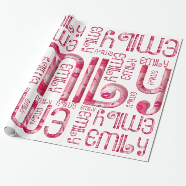 Namn Emily Cute Rosa Kärlek Heart Kiss Typography Presentpapper (Utrullad)