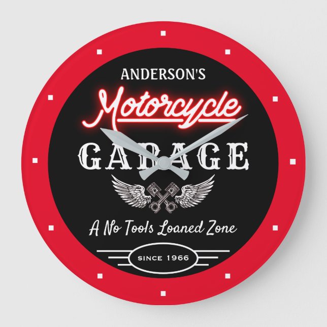 Namn Faux Neon Garage sedan röd svart Stor Klocka (Framsida)