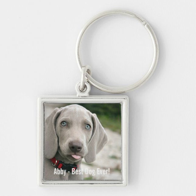 Namn för foto för personligWeimaraner hund och Fyrkantig Silverfärgad Nyckelring (Framsidan)