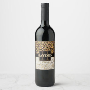 Namn för Monogram för Leopardfläckmarmor Vinflaska Etikett
