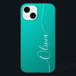 Namn för Turquise White Elegant Calligraphy-skript<br><div class="desc">Turcouise Shimmer White Elegant Calligraphy Script Anpassningsbar Personlig Namn iPhone 14 Smart Phone Case har en modern och enkel design för trendiget och snyggt med din personlig namn i elegant-handskriven calligraphy-skripttypografi på en metallisk turkoshimmerbakgrund. Designad av ©Evco Studio www.zazzle.com/store/evcostudio</div>