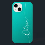 Namn för Turquise White Elegant Calligraphy-skript<br><div class="desc">Turcouise Shimmer White Elegant Calligraphy Script Anpassningsbar Personlig Namn iPhone 14 Smart Phone Case har en modern och enkel design för trendiget och snyggt med din personlig namn i elegant-handskriven calligraphy-skripttypografi på en metallisk turkoshimmerbakgrund. Designad av ©Evco Studio www.zazzle.com/store/evcostudio</div>