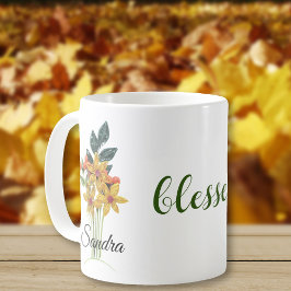 Namn, fyrkantiga höstblommor, välsignade med 11 oz kaffemugg