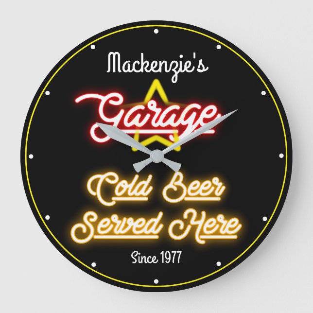 Namn Garage Retro Faux Red Gult Neon Black Stor Klocka (Framsida)