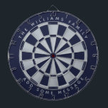Namn Geometric Anpassningsbar för marinblå faux- i Darttavla<br><div class="desc">En klassisk ritbordsdesign med alternerande marinblått och faux-silver-folie trianglar. Ovanför och nedanför finns namn och ett meddelande som bågtext,  i grått-versaler.</div>