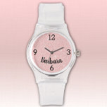 Namn, Girly Rosa Glitter Silicone Buckle Strap Armbandsur<br><div class="desc">En sportig klocka med ett hållbart,  tydligt silikonlåsband och blek rosa faux ansikte. Namn är ett fet svart skript. Byt enkelt namn,  ersätt med monogram initialer eller ta bort det så att det blir ditt med hjälp av mallen. Välj från andra stilar och färg.</div>