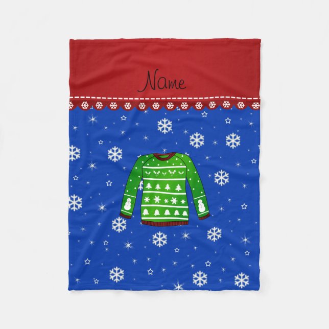 Namn grönt ful christmas sweater blue snöflingor fleecefilt (Framsidan)