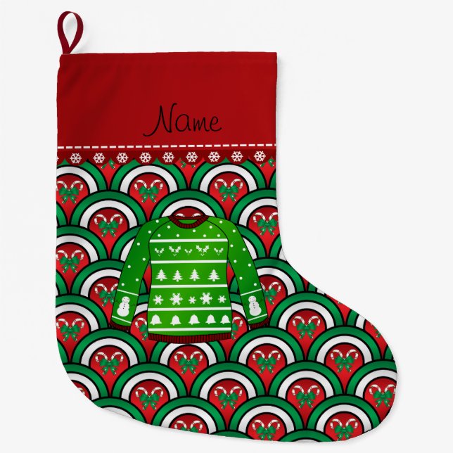 Namn grönt ful christmas sweater halva cirklar stor julstrumpa (Framsidan)