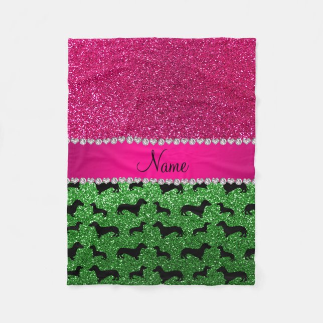 Namn grönt glitter-dachshundar rosa glitter fleecefilt (Framsidan)