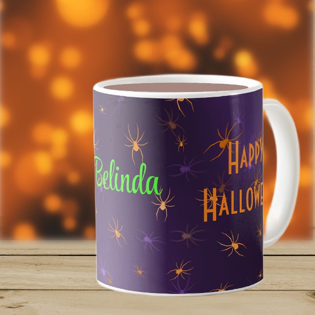 Namn, Halloween Creepy Orange Spiders 11oz Kaffemugg (Skapare uppladdad)