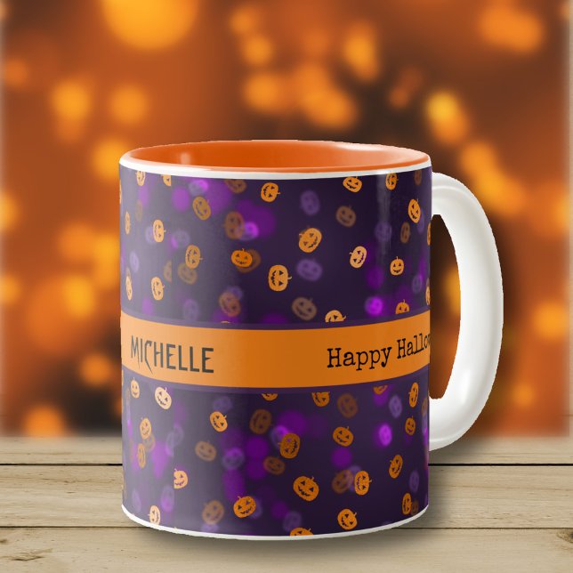 Namn, Happy halloween Jack o lantern Pumpkins 11oz Två-Tonad Mugg (Skapare uppladdad)
