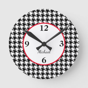 Namn, Houndstooth Mönster Red Accent 8-in-akryl Rund Klocka