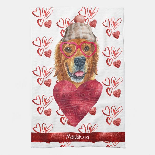 Namn Hund älskare Valentine Gift Golden Retriever Kökshandduk (Vertikal)