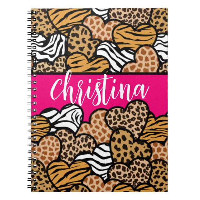 Namn i Girly Rosa Playful Animal Print Hearts Anteckningsbok (Framsidan)