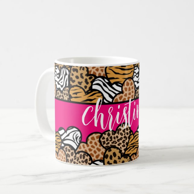Namn i Girly Rosa Playful Animal Print Hearts Kaffemugg (Framsida vänster)