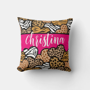 Namn i Girly Rosa Playful Animal Print Hearts Kudde
