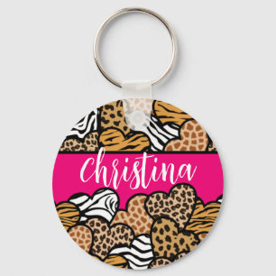 Namn i Girly Rosa Playful Animal Print Hearts Nyckelring