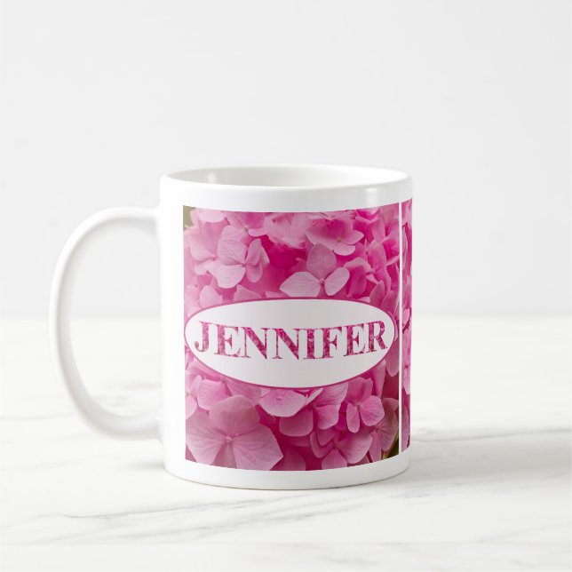 namn i Rosa Hydrangea Blommigt Lettering Kaffemugg (Vänster)
