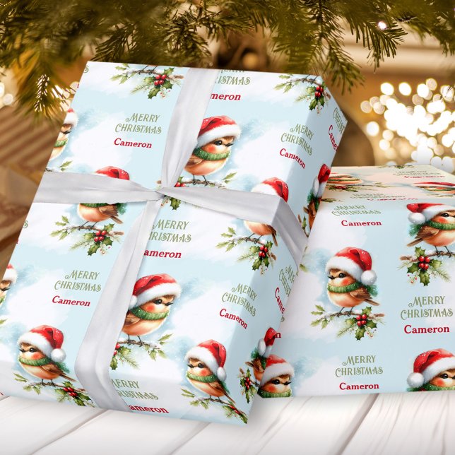 Namn i texten till Cute Robin i Santa Hat jul Kids Presentpapper (Cute Robin in Santa Hat Christmas Kids Name Text Wrapping Paper)