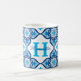 💙🤍 Namn + initial blå-vit Azulejos X, Kaffemugg