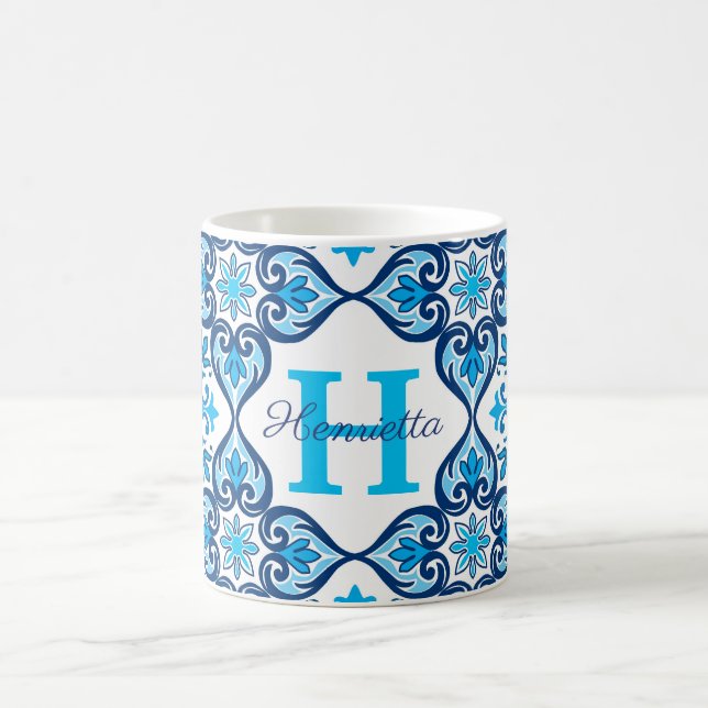 💙🤍 Namn + initial blå-vit Azulejos X,   Kaffemugg (Center)