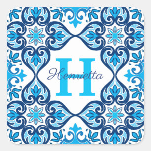 💙 🤍 Namn + initial blue - white Azulejos X, Fyrkantigt Klistermärke