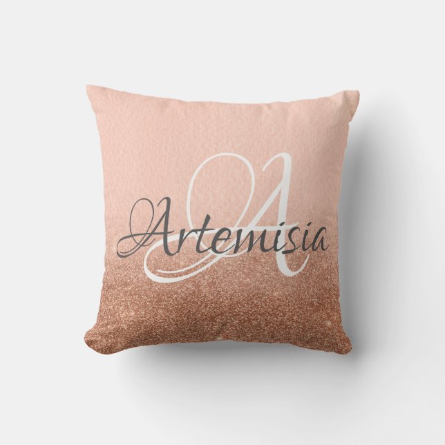 Namn Initial Rosa ros Guld Glitter Ombre Grått Kudde (Framsida)