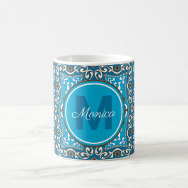 💙🤎 Namn + initial turkos - brun Azulejos, Kaffemugg