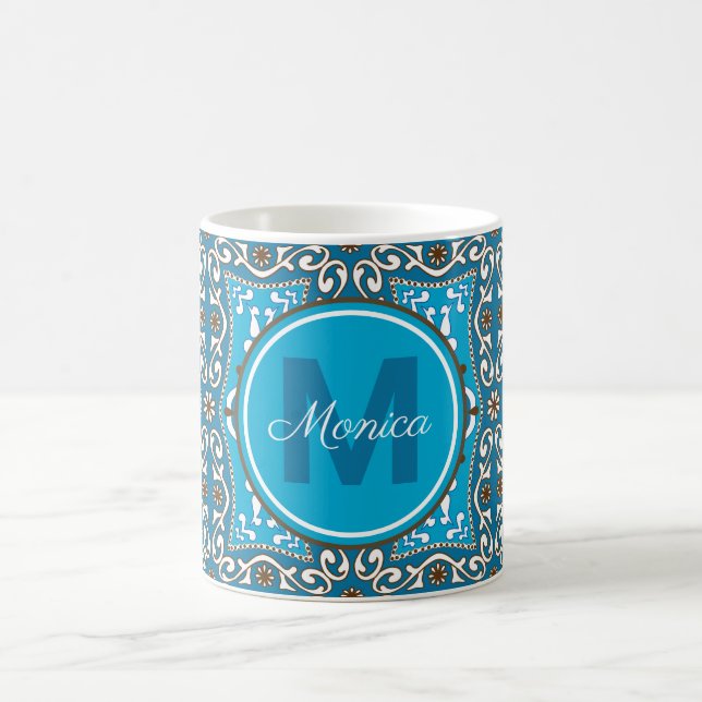 💙🤎 Namn + initial turkos - brun Azulejos, Kaffemugg (Center)