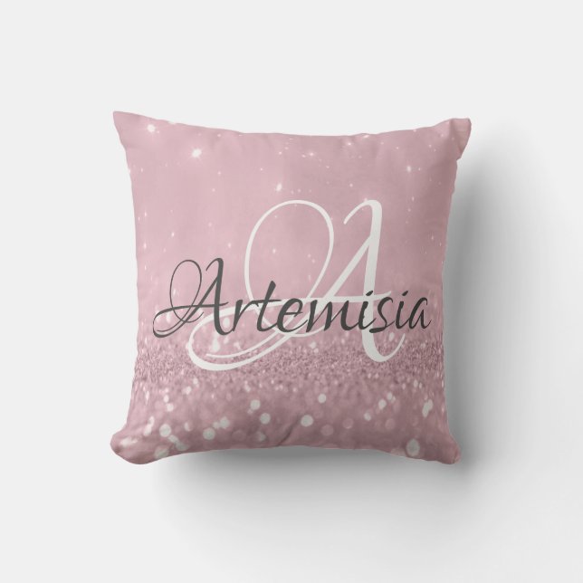 Namn Initialer Rosa ros  Glitter Kudde (Framsida)