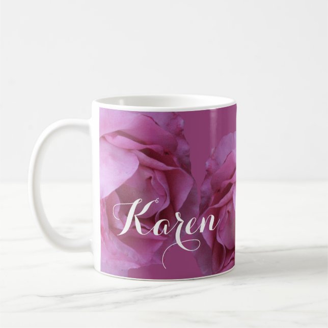 Namn Karen söt rosa Valentine ro blommigt  Kaffemugg (Vänster)