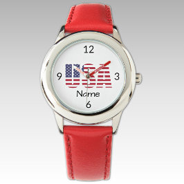Namn, Kids Stainless Steel Red Leather Strap Armbandsur