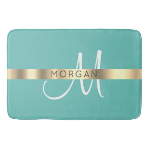 Namn & Large Monogram, Light Teal Black Guld Badrumsmatta