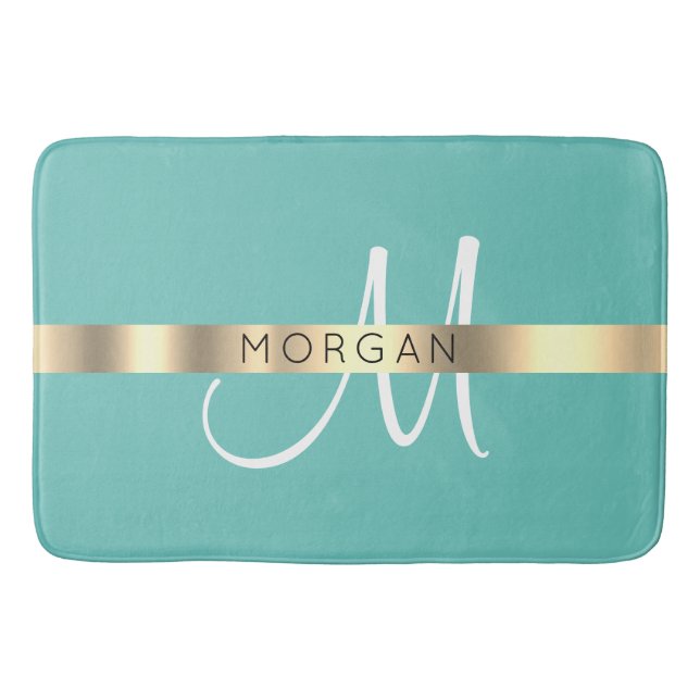 Namn & Large Monogram, Light Teal Black Guld Badrumsmatta (Framsidan)