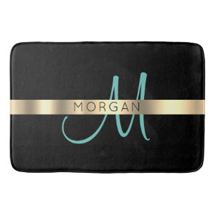 Namn & Large Monogram, Light Teal Black Guld Badrumsmatta