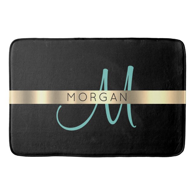 Namn & Large Monogram, Light Teal Black Guld Badrumsmatta (Framsidan)