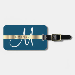 Namn & Large Monogram, Vita Oceanen Blå Guld Grått Bagagebricka