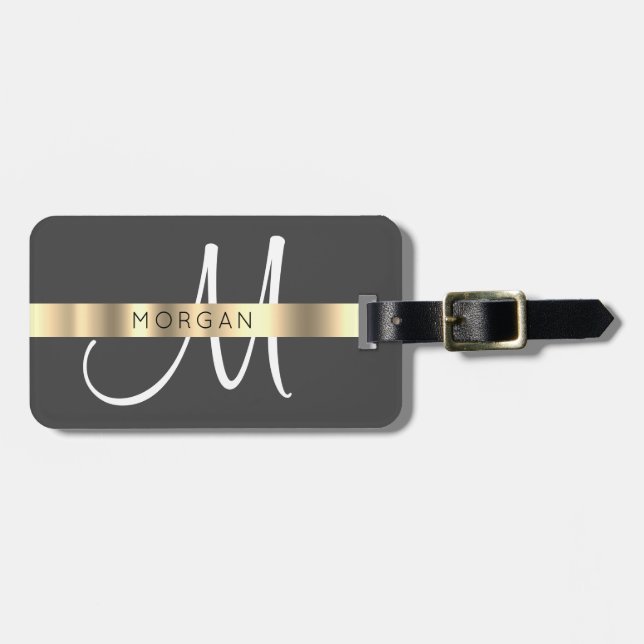 Namn & Large Monogram, White Black Guld Mörk Grått Bagagebricka (Horisontell Framsida)