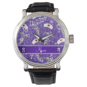 Namn lila glitter sjuksköterska med silver caduce armbandsur