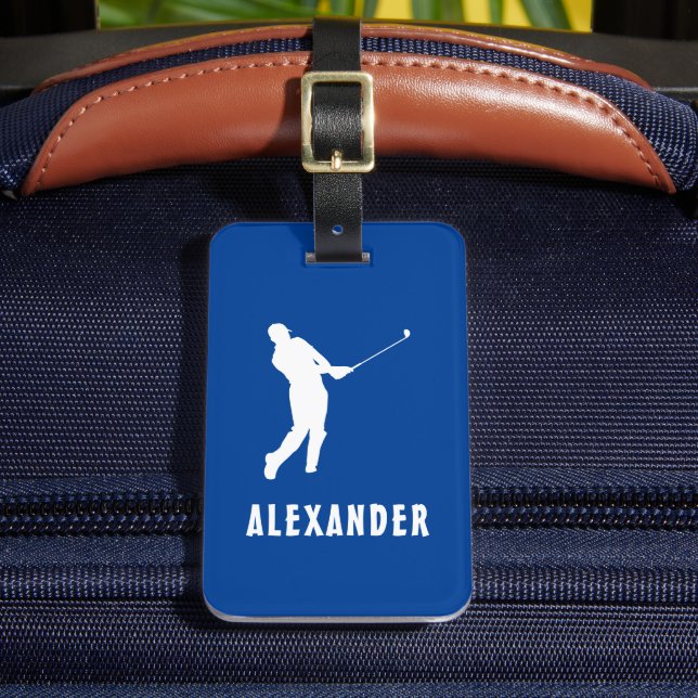 Namn Male Golf Player Golfing Golfer Blue White Bagagebricka (Framsida Insitu 2)