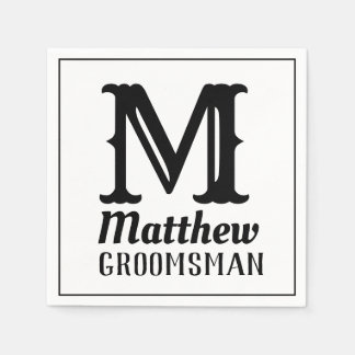 Namn Masculine Monogrammed Classic Bröllop Black Pappersservett