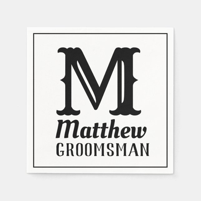 Namn Masculine Monogrammed Classic Bröllop Black Pappersservett (Framsidan)