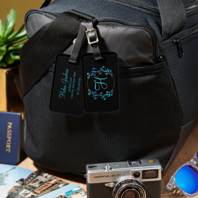 Namn med färgstark Blommigt Monogrammed Elegant  Bagagebricka (Fram & Baksida)